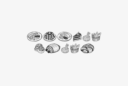 Hand-drawn bakery sketches featuring pastries, breads, cakes, baskets in simple line art style