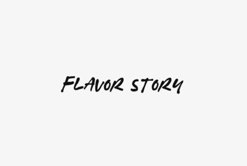 Handwritten black text reading Flavor Story on light gray background