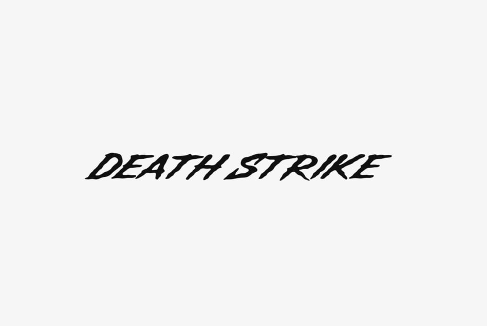 Bold italic typography saying Death Strike on light gray background