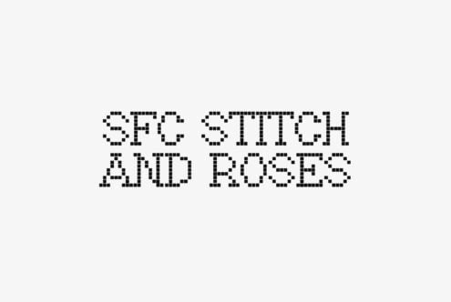 Pixelated retro typeface displaying "SFC STITCH ADD ROSES" in blocky monospace letters