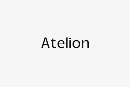 Atelion typeface displayed in bold black letters on minimal light gray background