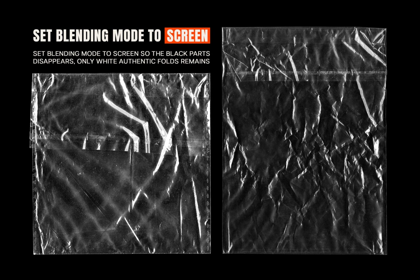 Crumpled black plastic wrap texture with white fold details showing blending mode technique