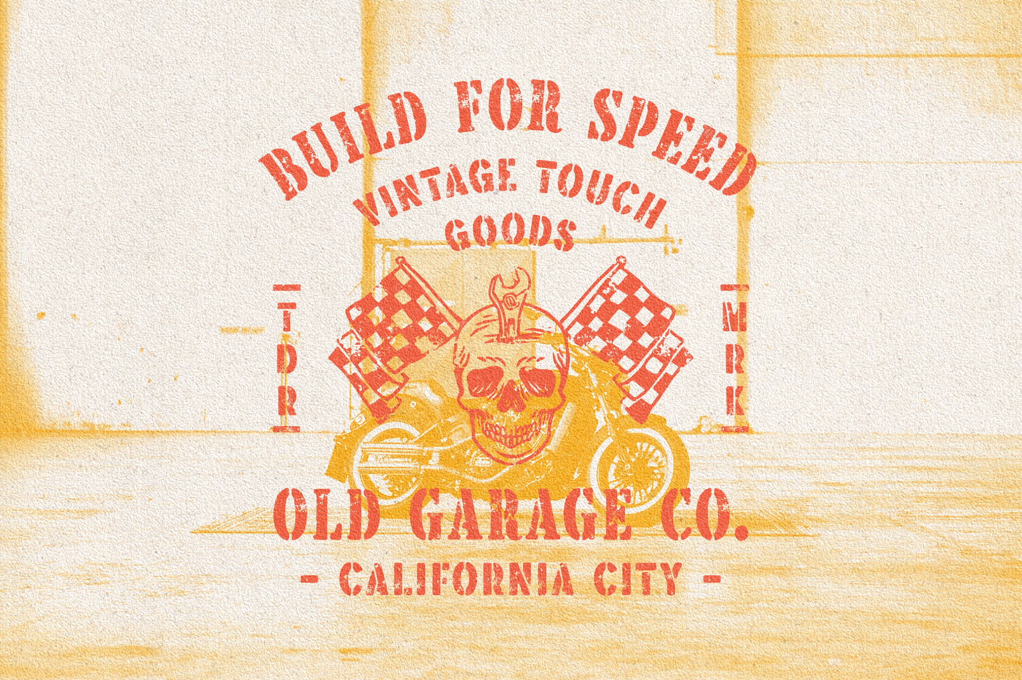 Retro garage badge with skull, motorcycle, checkered flags on distressed cream background