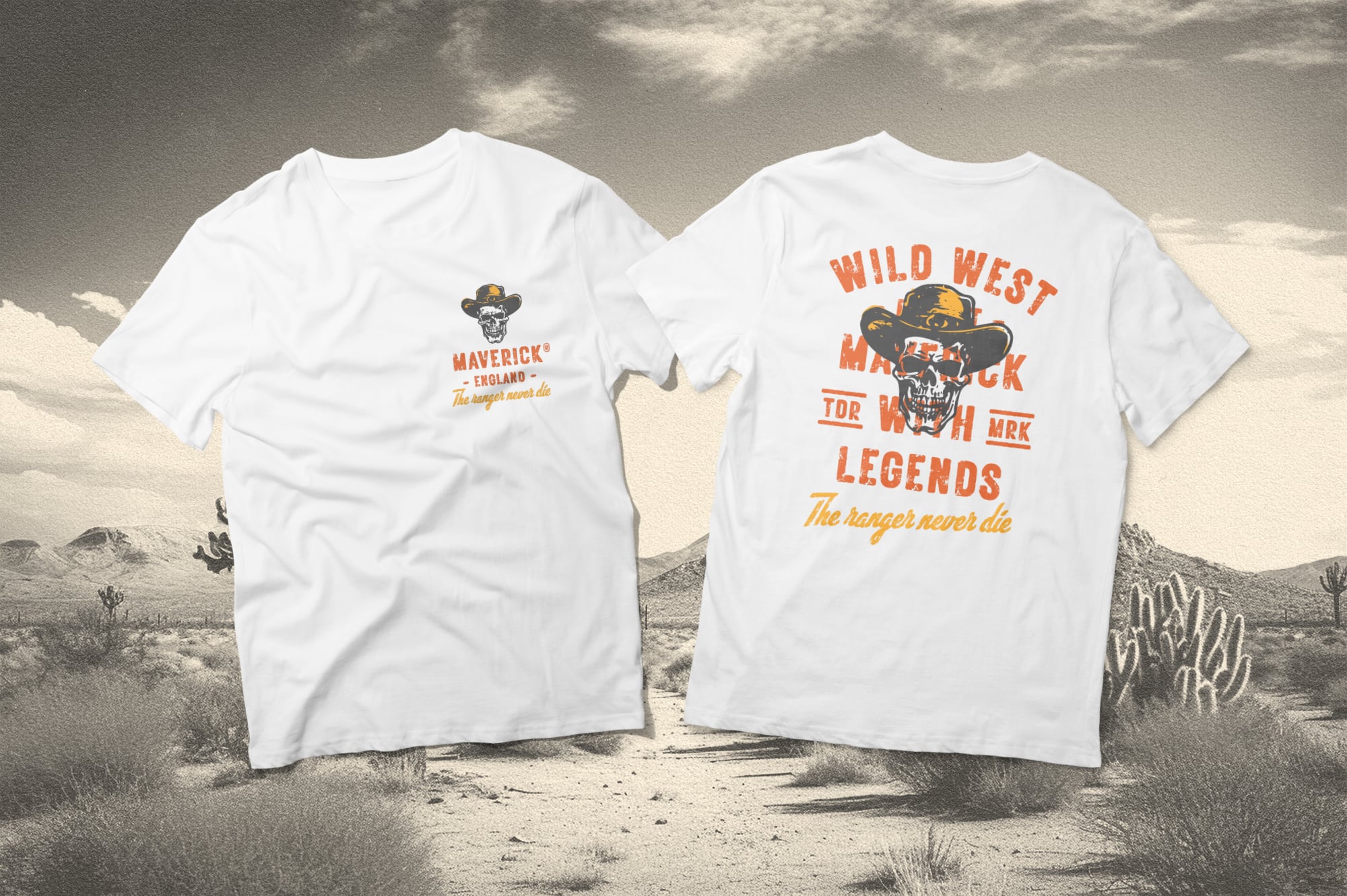 Vintage western tee mockup with skull cowboy graphic, front back view on desert landscape background