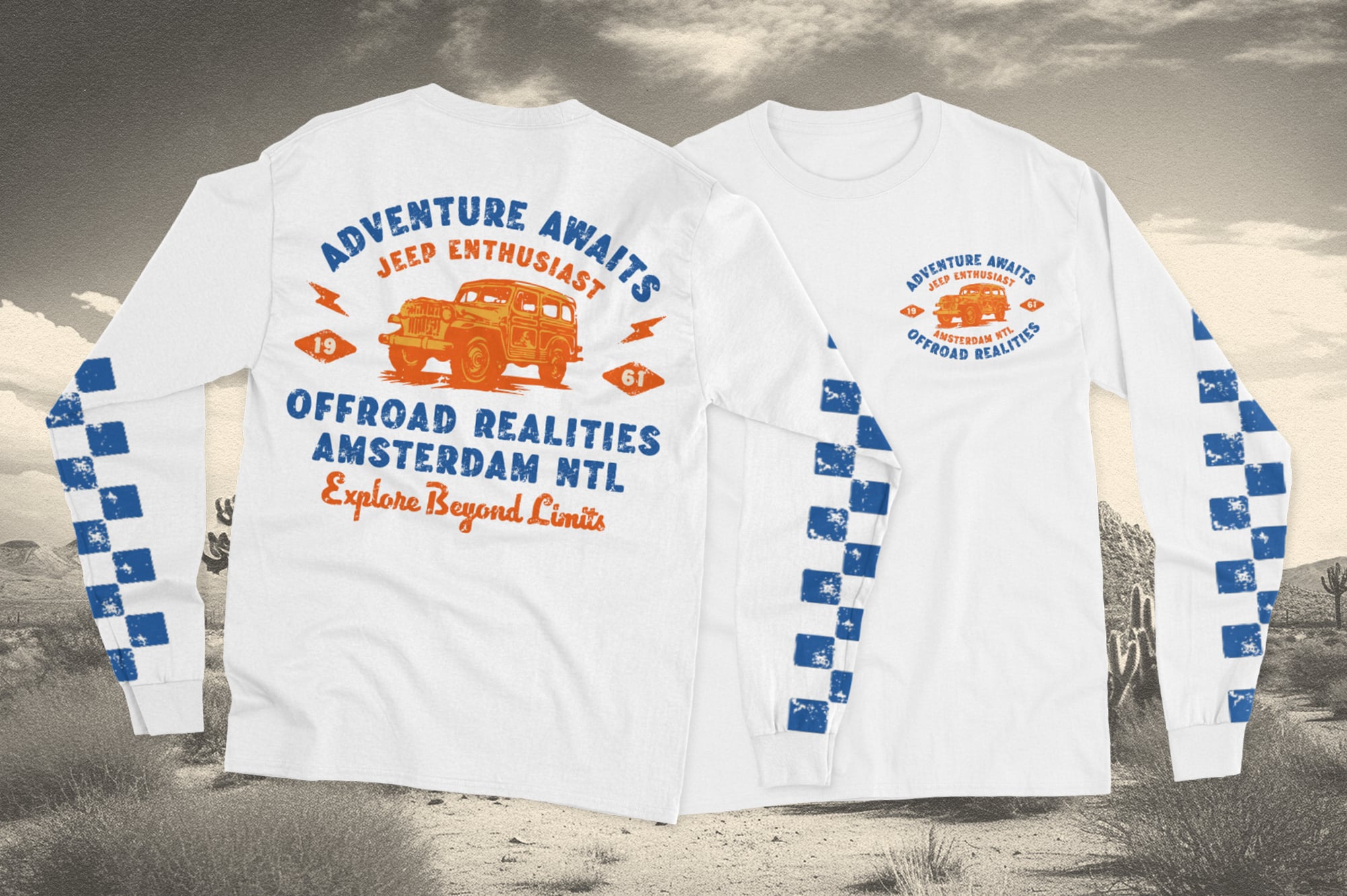 Two white long-sleeve tees with retro jeep graphics, blue checkered sleeves, orange text about adventure awaits