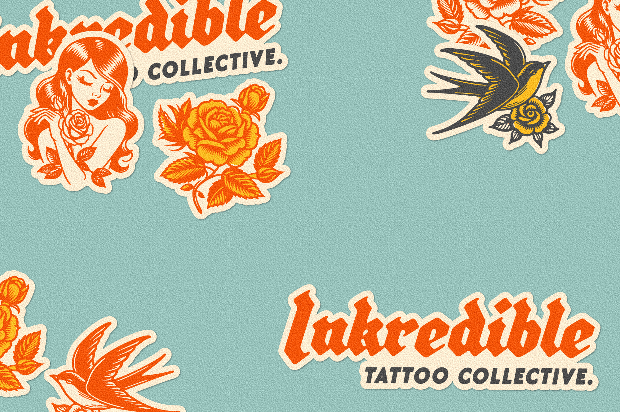 Vintage tattoo stickers with retro woman, roses, bird designs on soft blue background