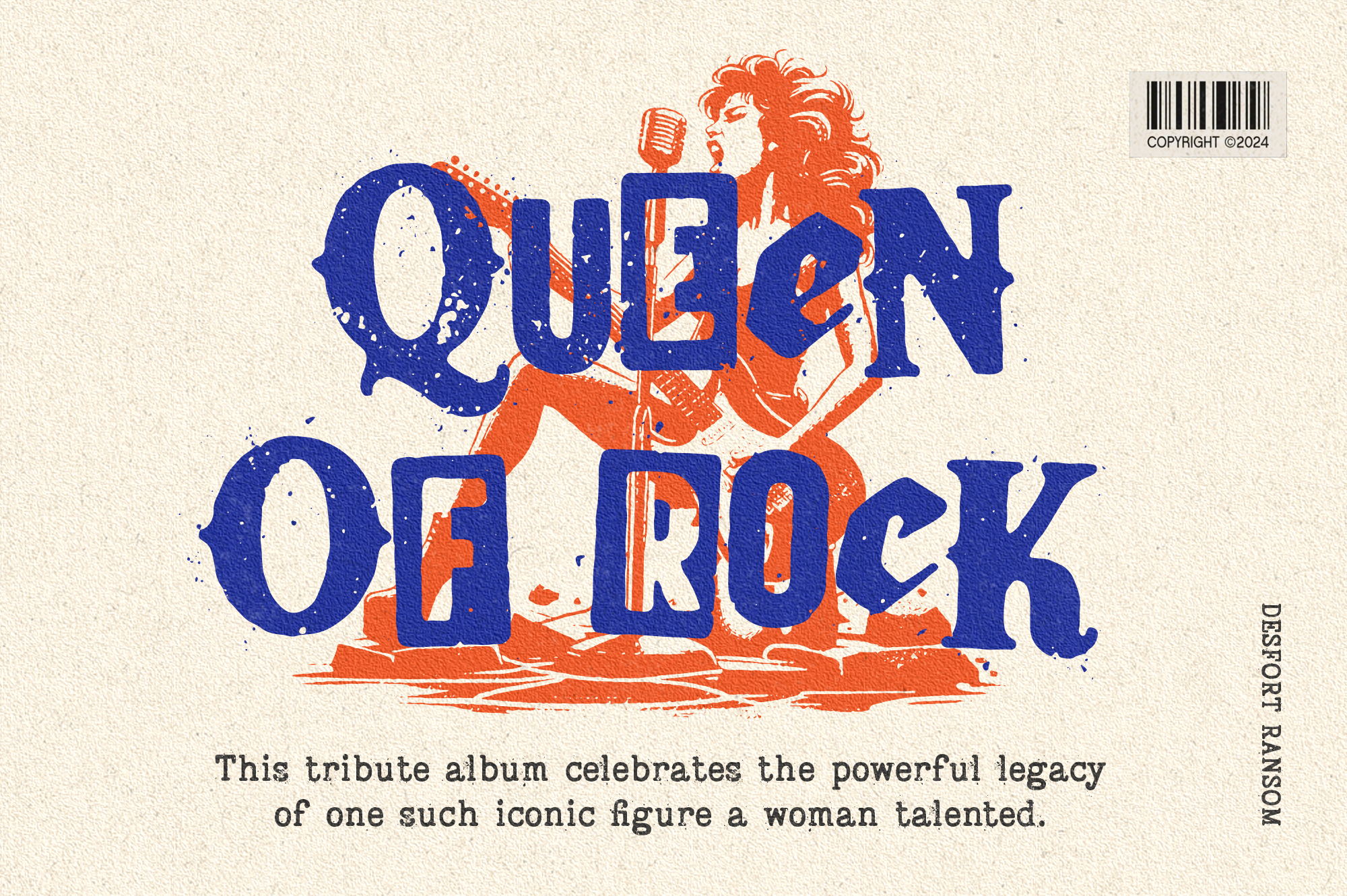 Vintage concert poster with Queen of Rock title, illustration of red-haired female singer with microphone, bold blue lettering, distressed texture, cream background