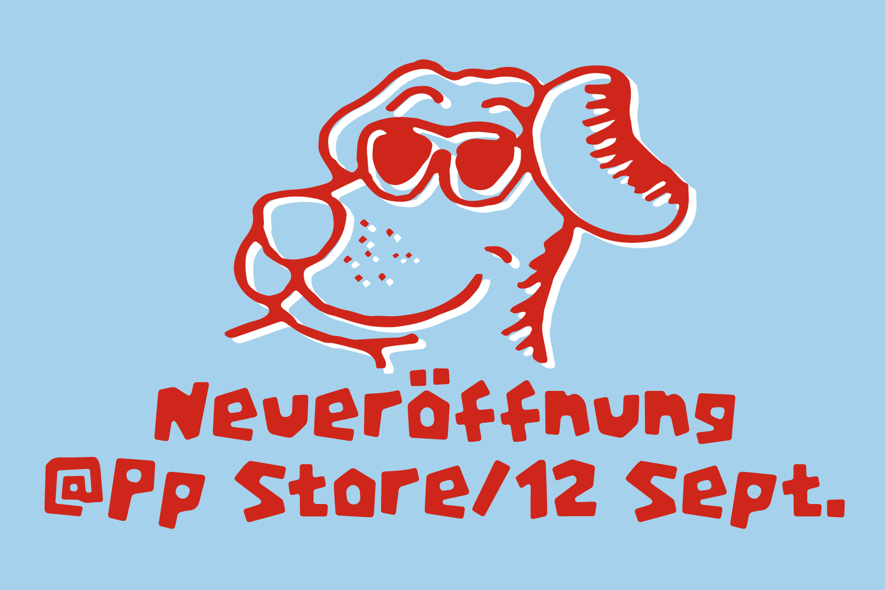Playful red monster character with big eyes on light blue background with event text