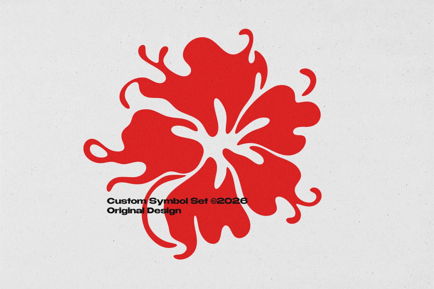 Bright red organic blob shapes arranged in circular pattern on light gray background