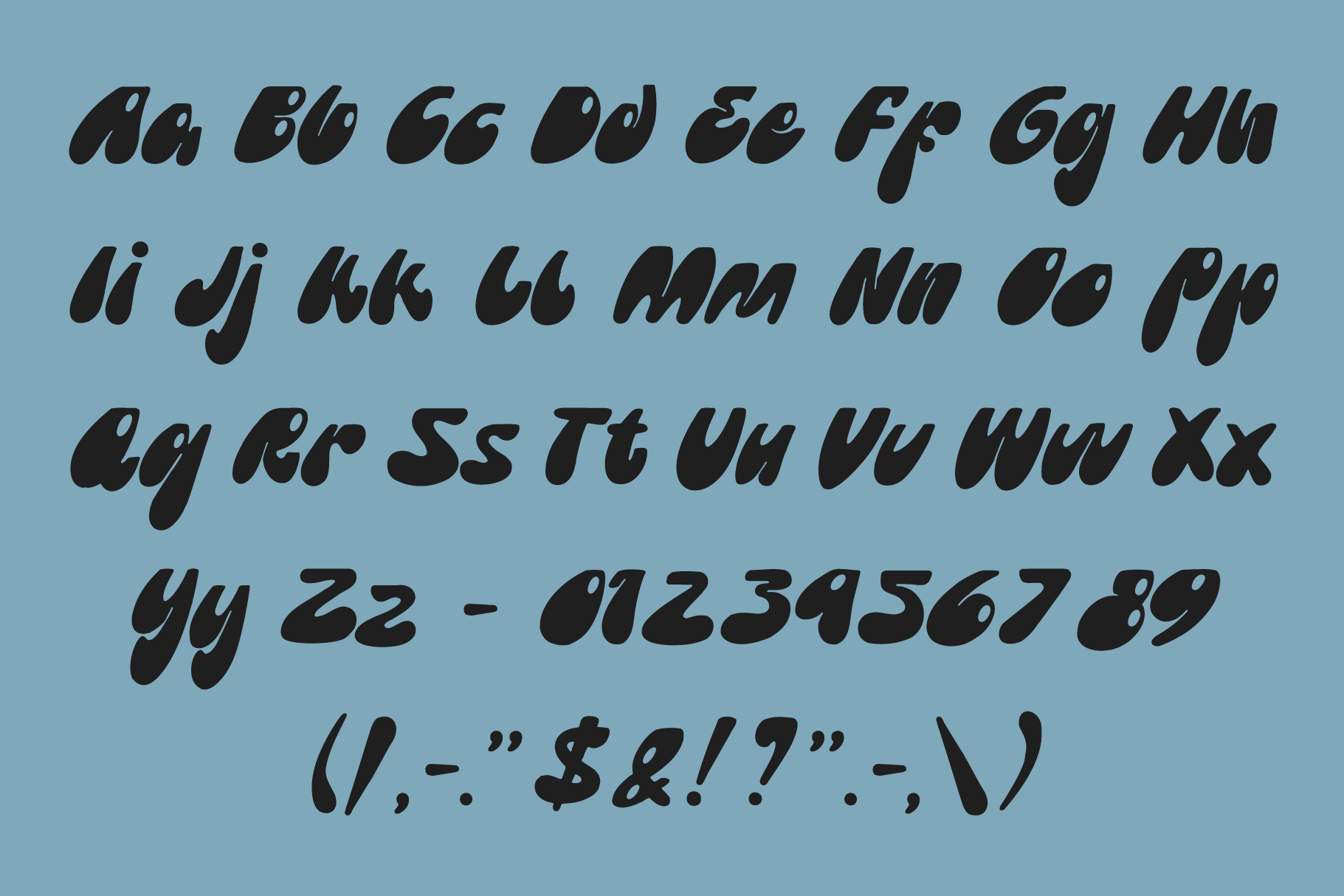 Bold italic typeface showing full character set on soft blue background
