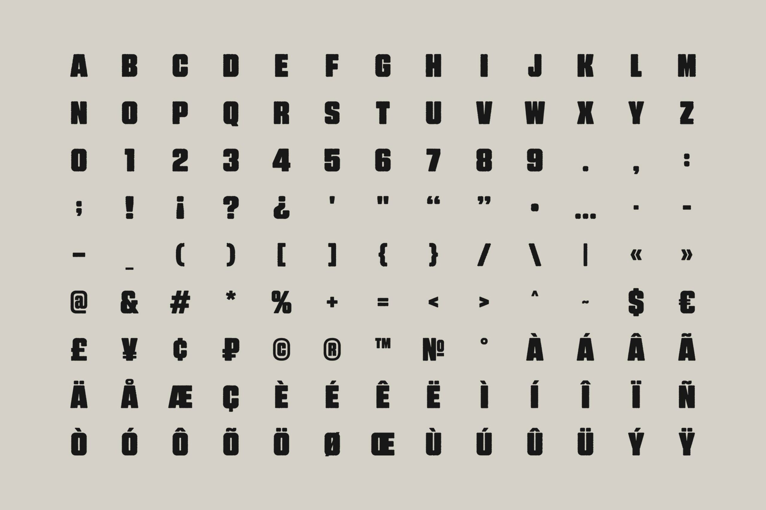 Bold sans serif font showing full character set with letters, numbers, punctuation, symbols, plus accented characters