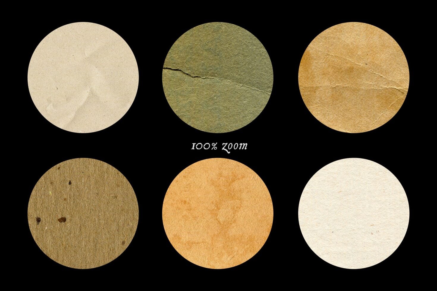 Six close-up paper textures in cream, olive, gold tones with visible wear, creases, specs