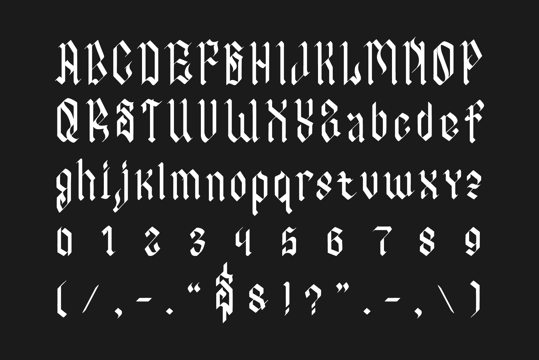Gothic font with sharp angles, full alphabet set, numbers plus punctuation on dark background