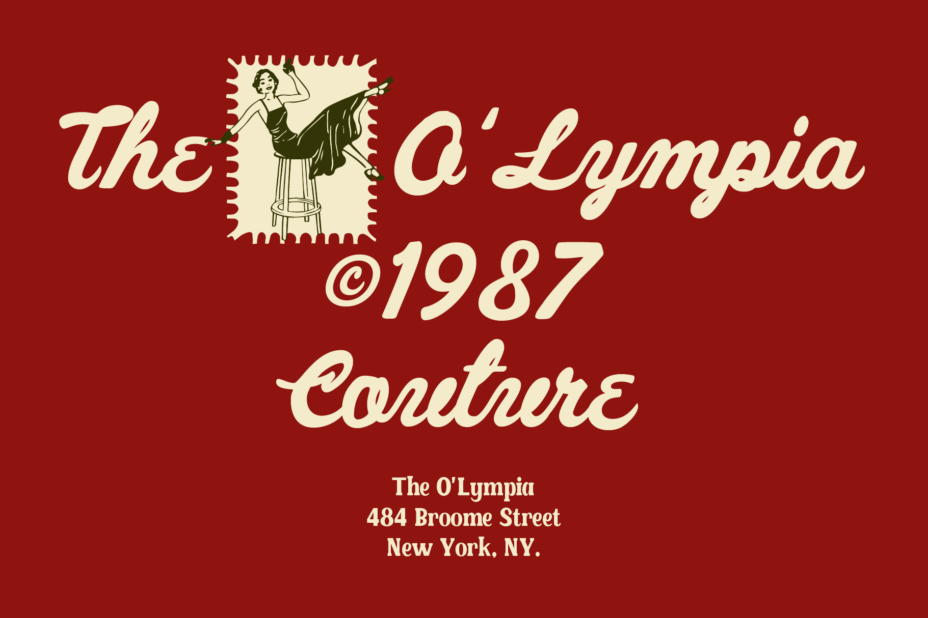 Vintage 1987 O'Olympia Couture logo with retro pin-up illustration on deep red background