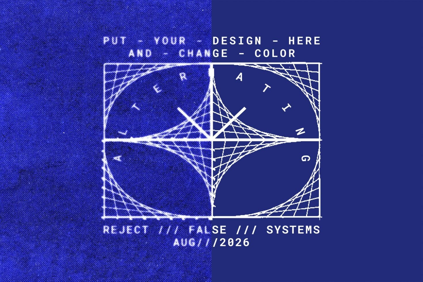 Vibrant blue mockup template with geometric wireframe grid design, editable text sections