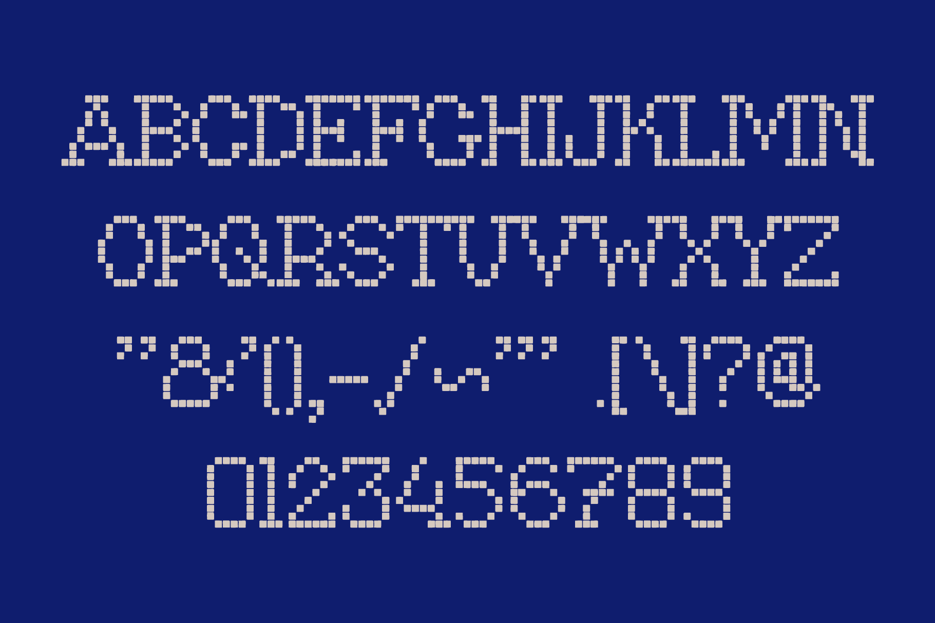 Retro pixel font displaying alphabet, numbers, symbols on deep blue background