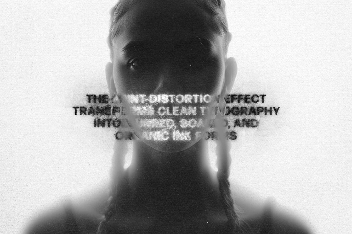 Glitch distortion effect overlaid on black white portrait photo with scrambled text