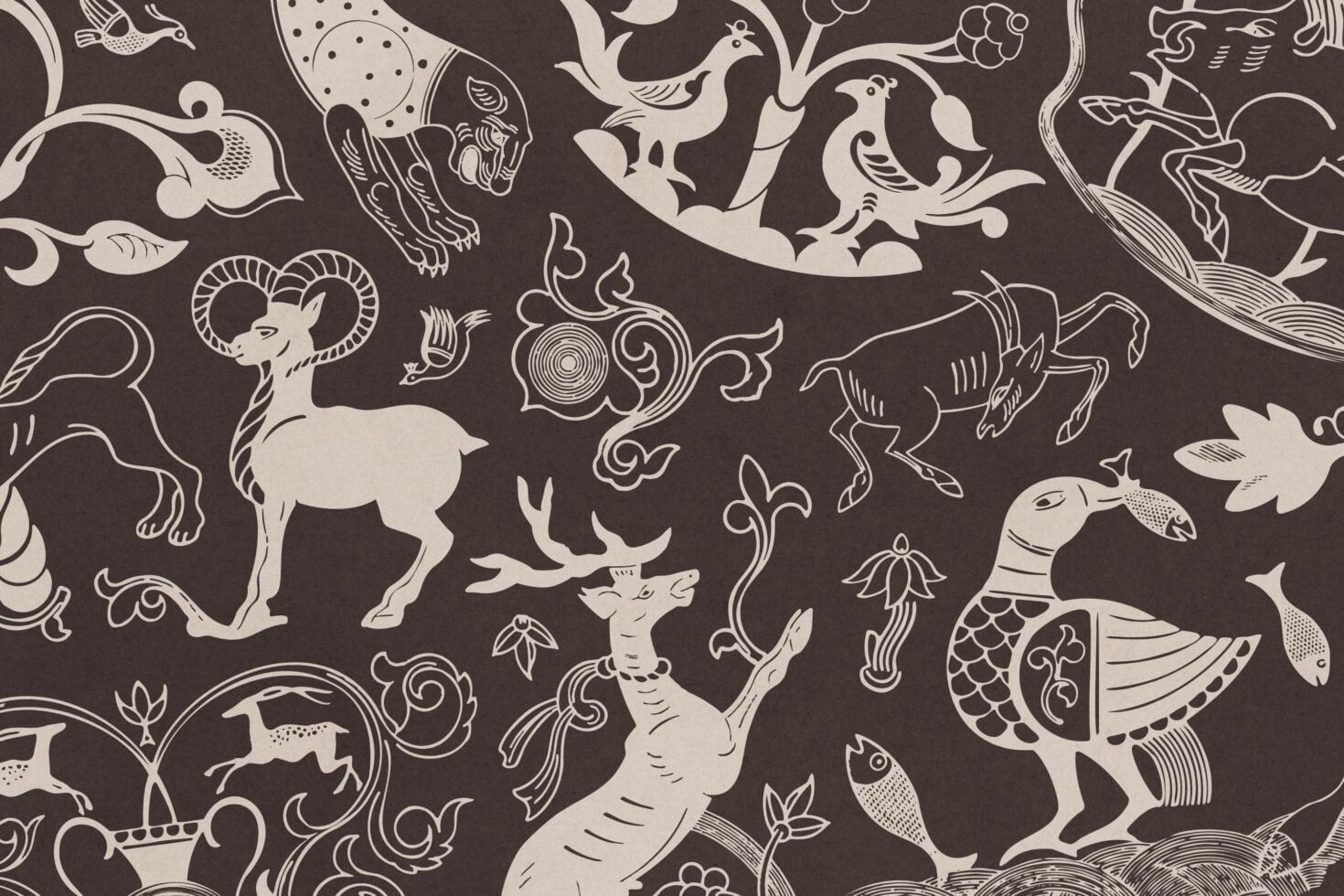 Ornate line art pattern with mythical creatures, birds, scrollwork on dark background