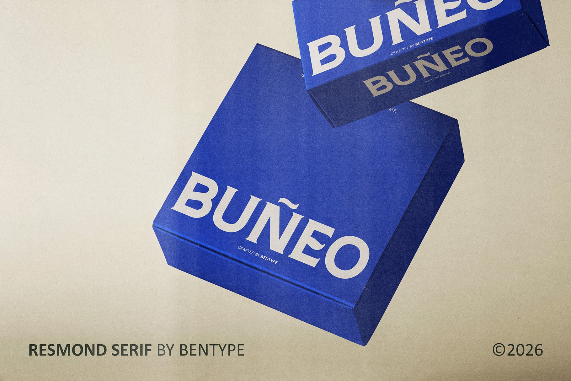 Stacked blue boxes showing BUNEO branding with white serif typography on cream background