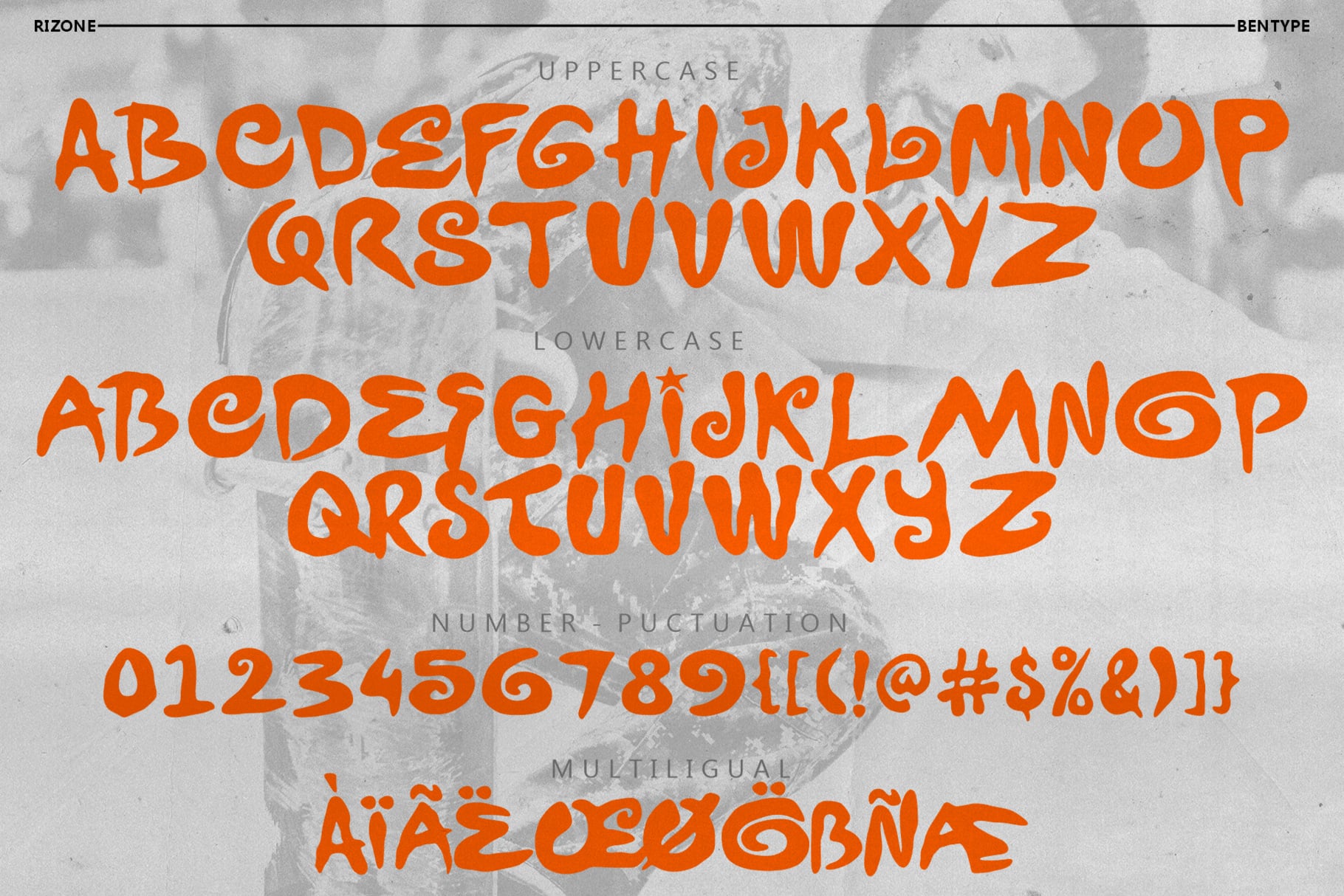 Rizone typeface showing bright orange uppercase, lowercase, numbers with multilingual characters on textured background