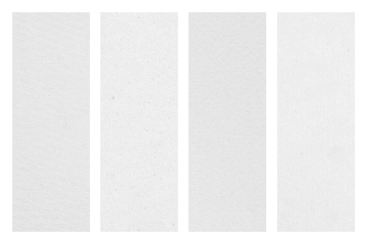 Four vertical paper texture swatches showing subtle grain variations in white to light gray tones