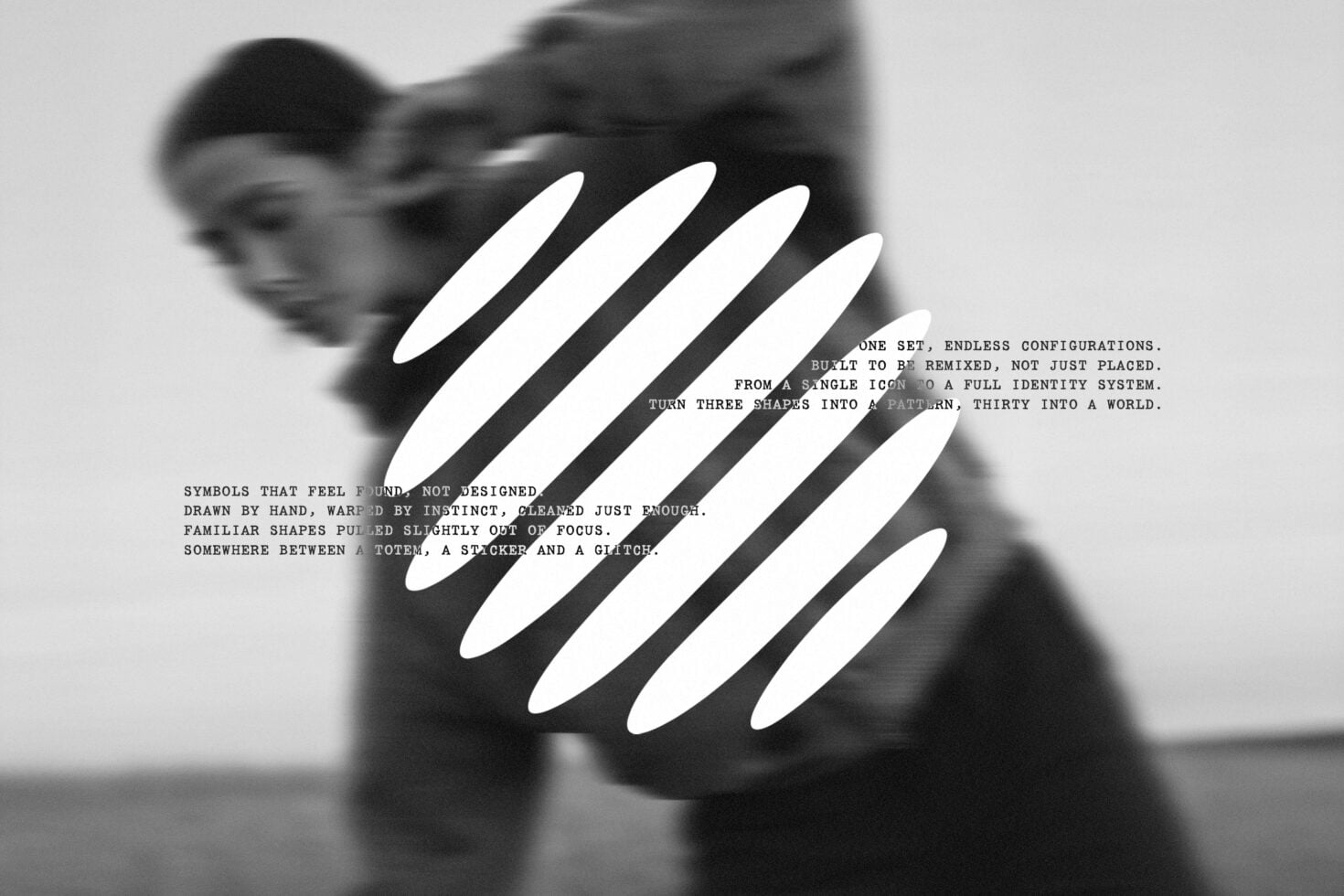 Modular symbol system with diagonal stripes overlay on blurred portrait photo