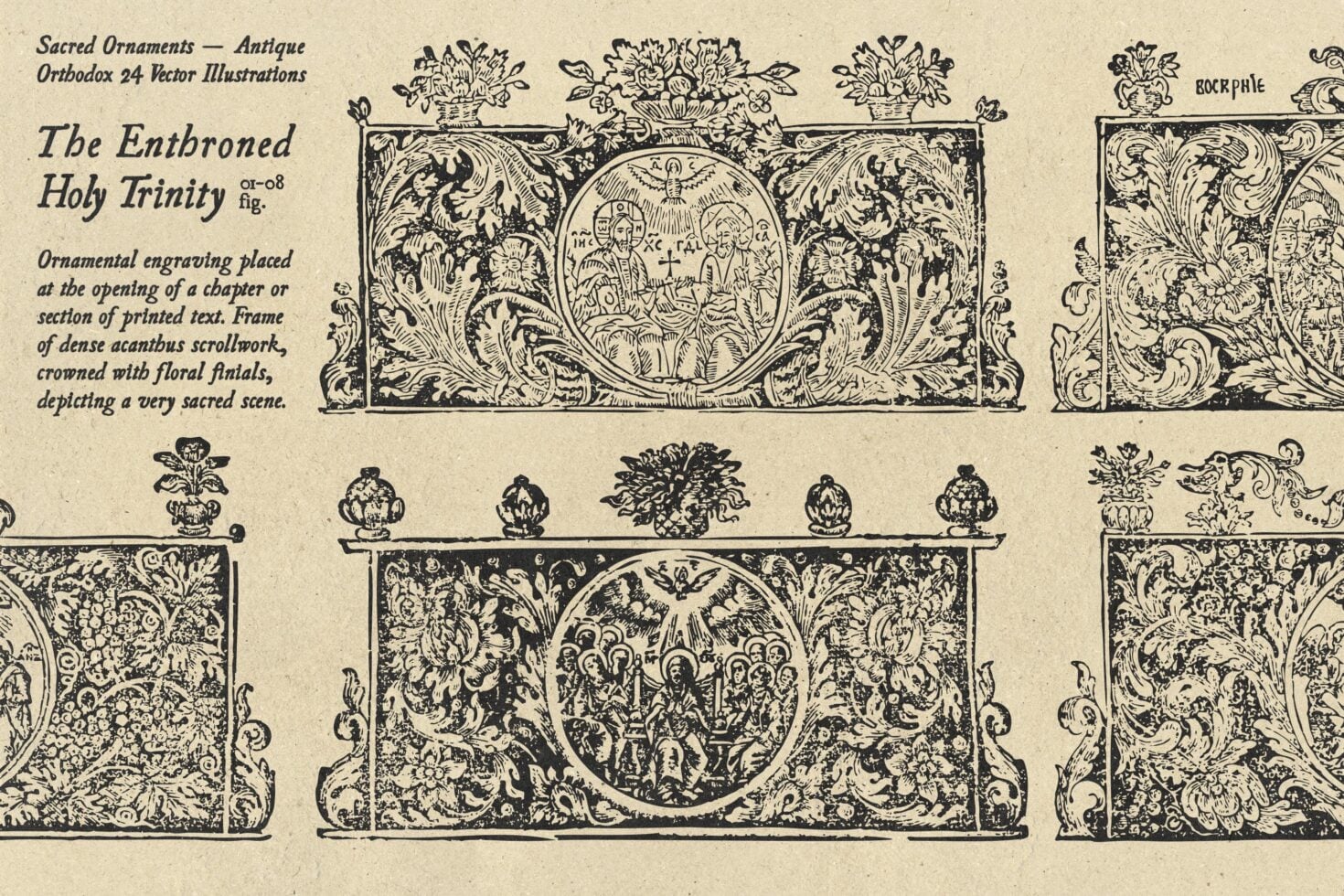 Ornate Orthodox engravings with intricate scrollwork, floral crowns, plus religious scenes in circular frames