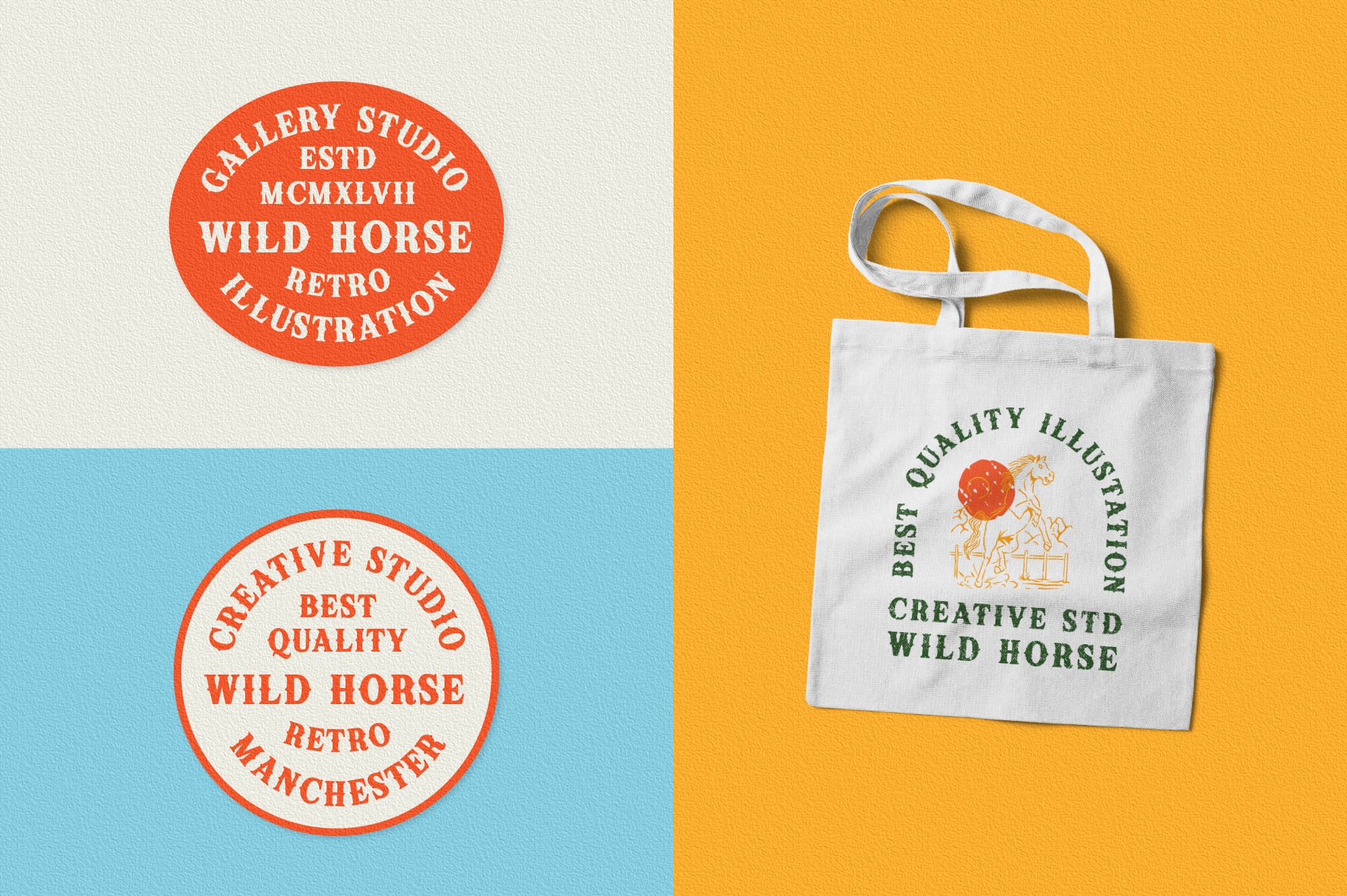 Retro circular badges with horse imagery on left, white canvas tote bag mockup on yellow right side
