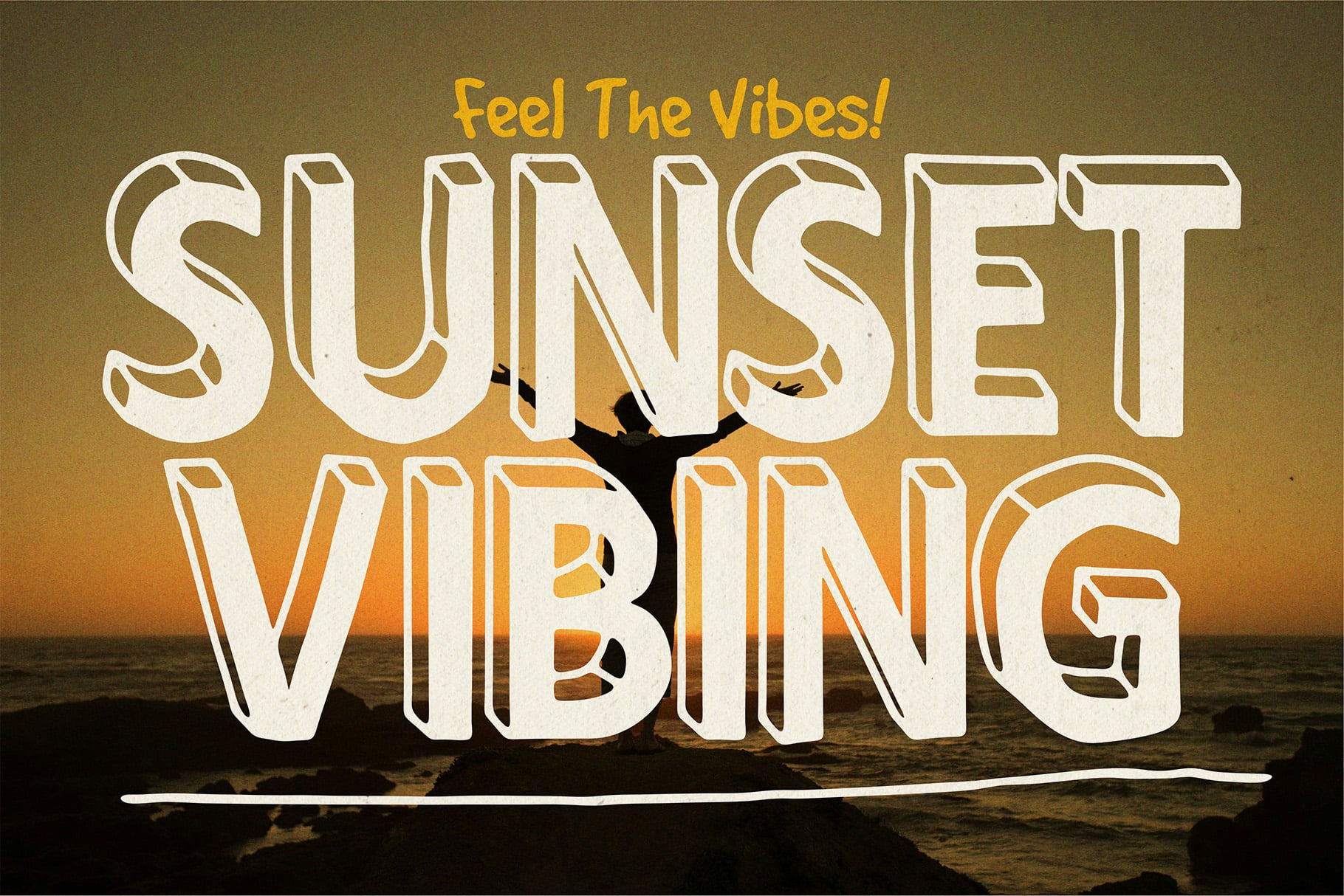 Retro sunset graphic with silhouetted figure, bold outline typography, golden hour beach backdrop