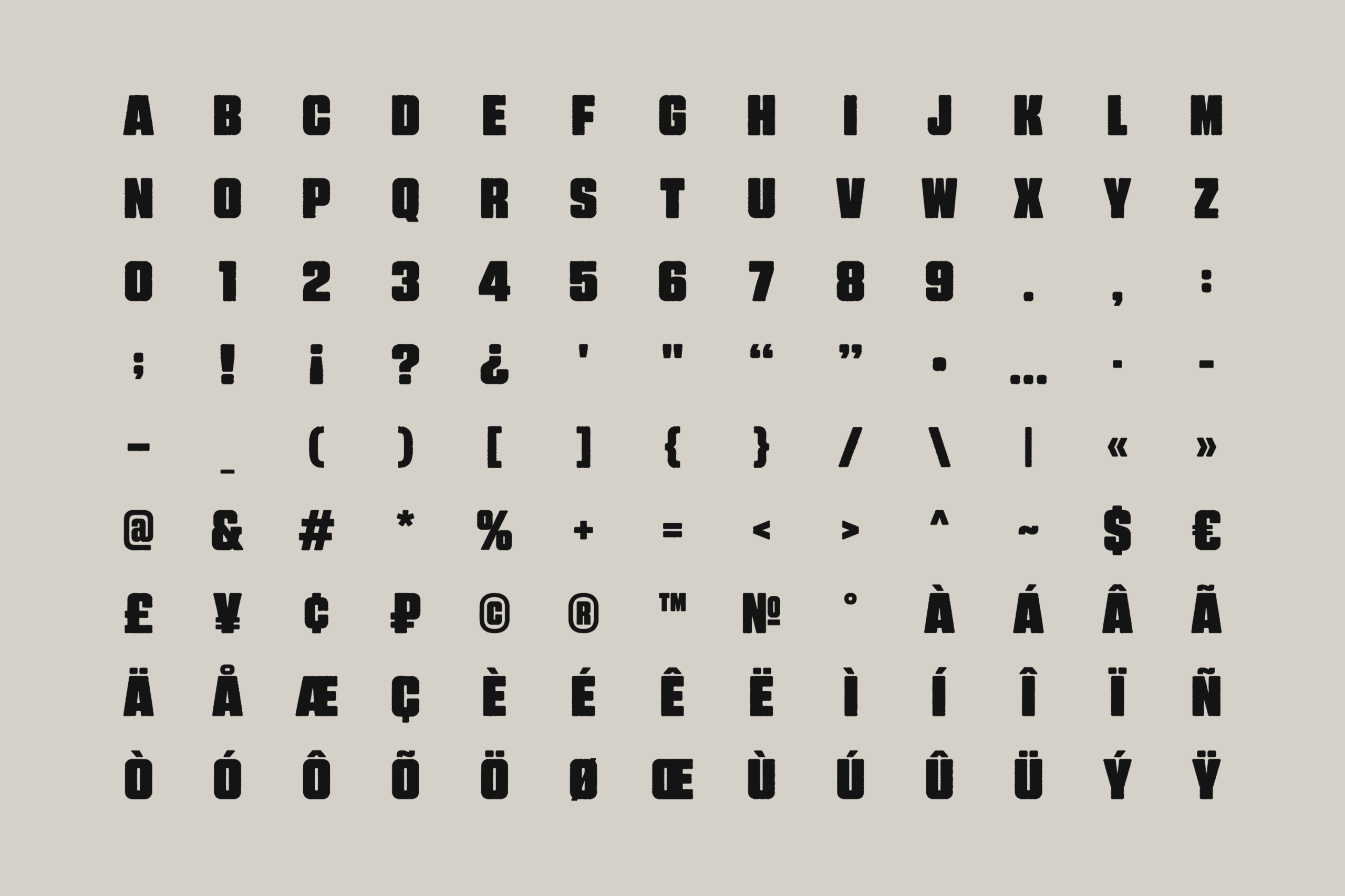 Bold sans serif font character set with full alphabet, numbers, punctuation, currency symbols, plus accented letters for international text