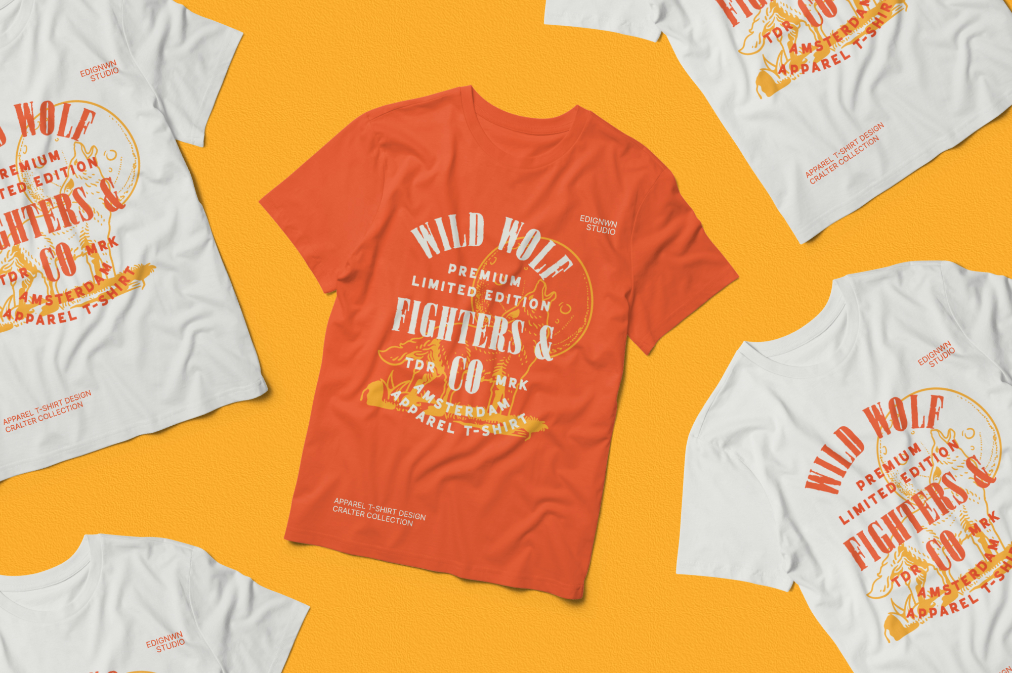 Red tee with vintage Wild Wolf Fighters graphic centered on bright yellow background surrounded by white shirt variations