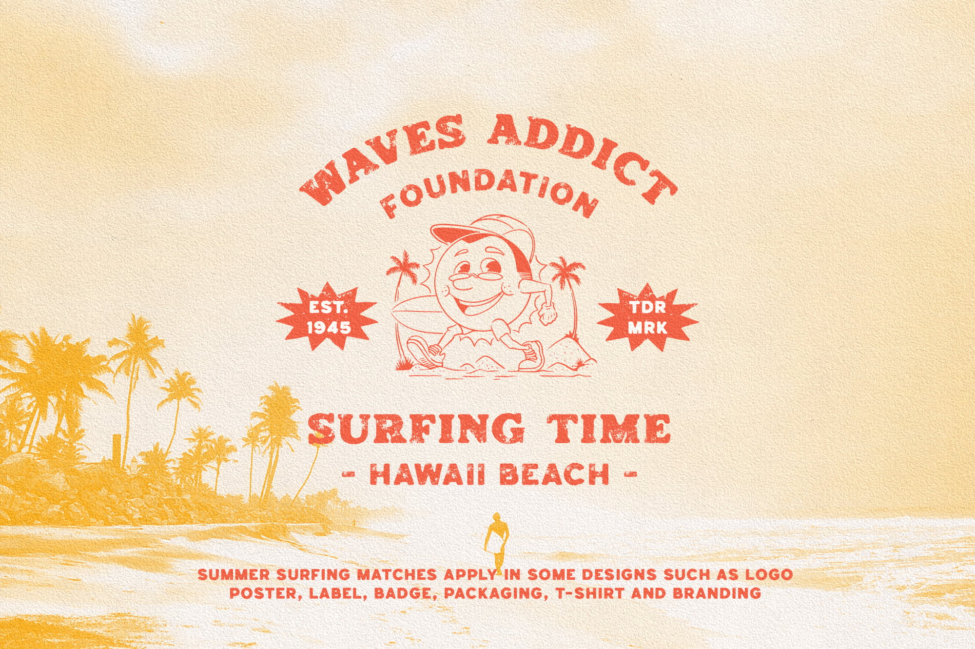 Retro surf graphic with palm trees, cartoon surfer dude, established 1945 badges on cream background
