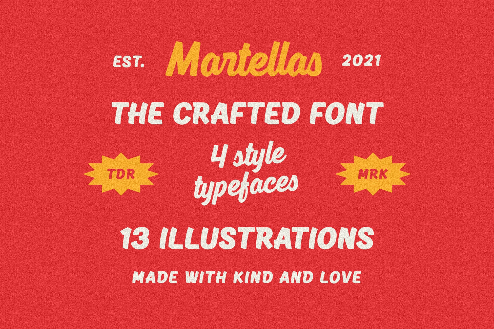 Martellas font package on bright red background with yellow bursts, 4 typeface styles plus 13 illustrations included