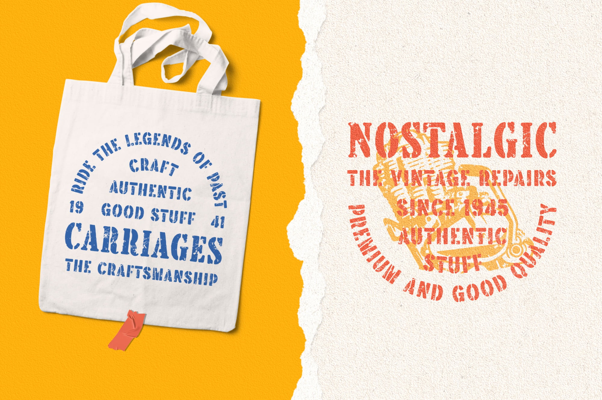 White tote bag with blue vintage text on bright yellow background next to retro badge design