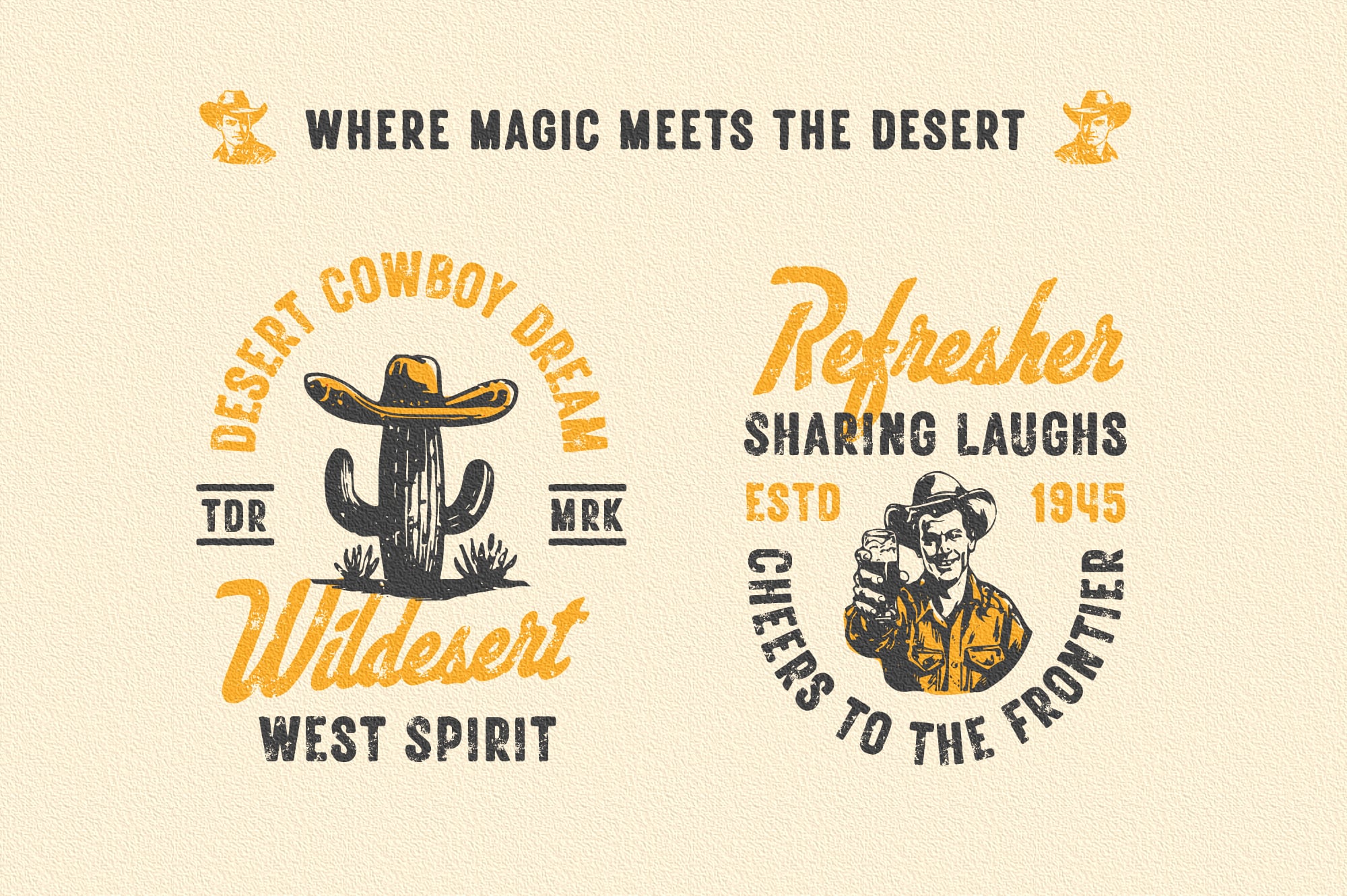 Retro western badges with cacti, cowboys, desert vibes in mustard yellow, black, cream tones