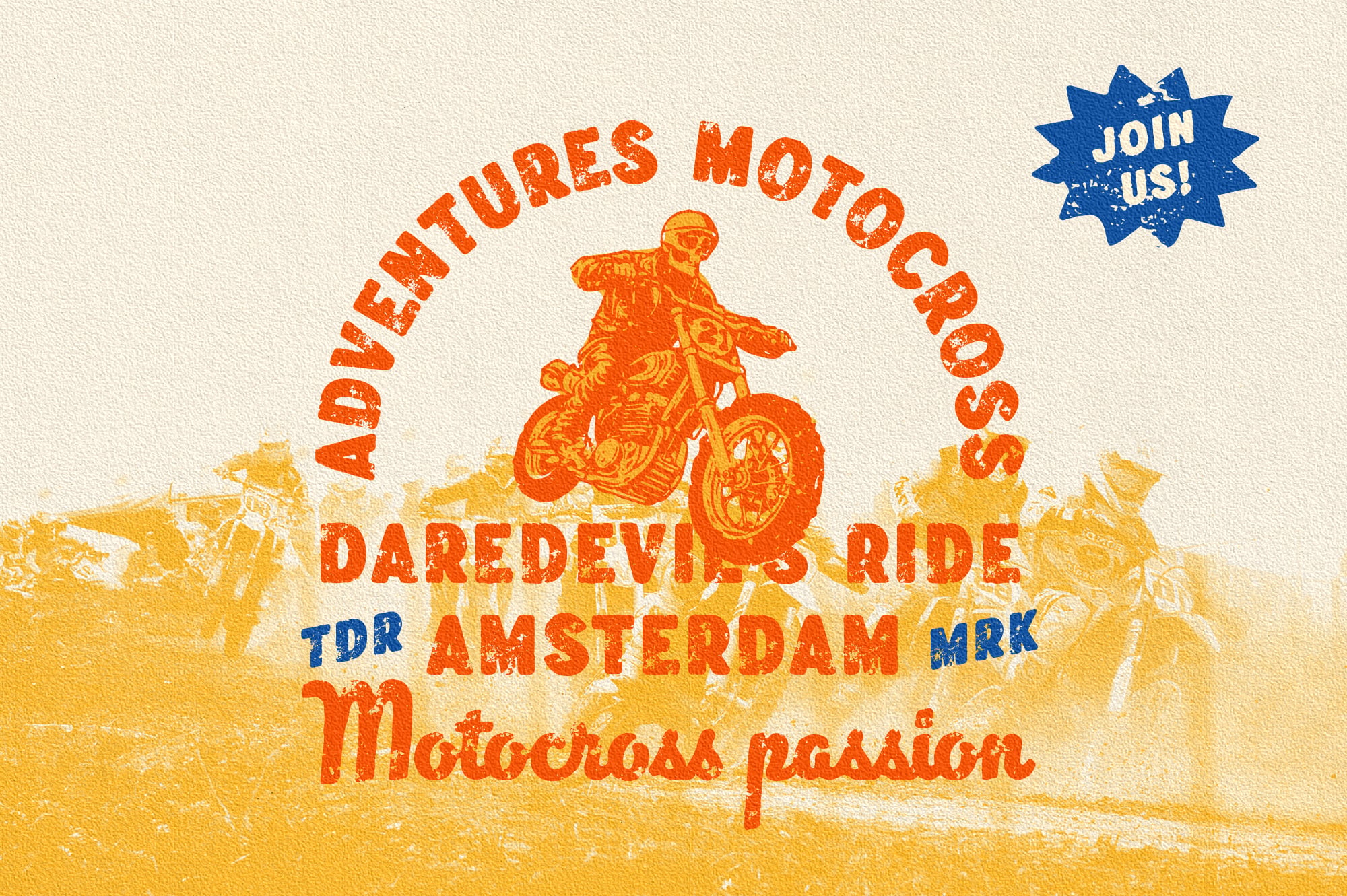 Retro motocross poster with orange bike rider, desert landscape, join us badge, vintage vibes