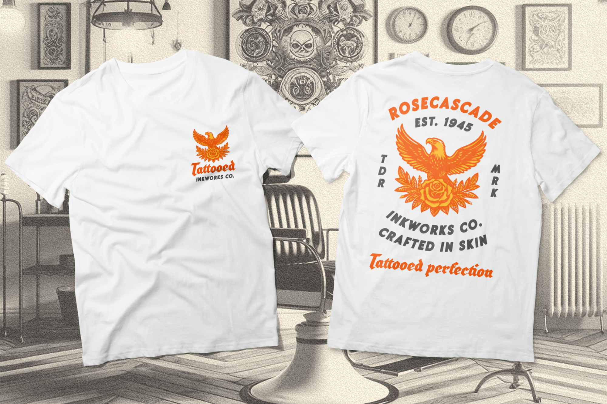 White tee mockup with vintage tattoo shop branding, eagle rose design in orange on front back