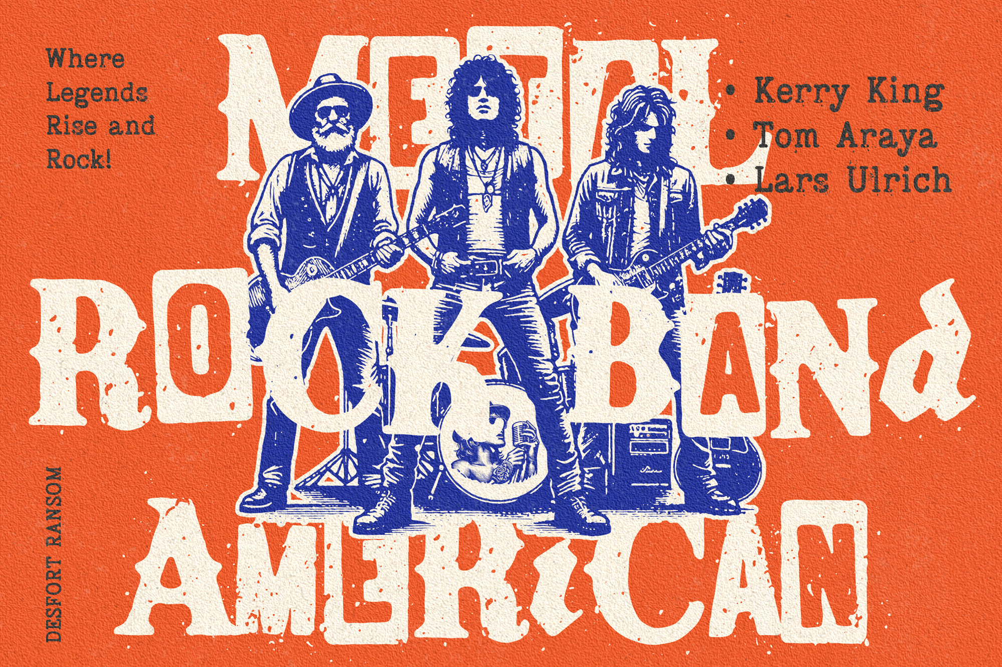 Vintage rock band poster with three musicians in blue on burnt orange background