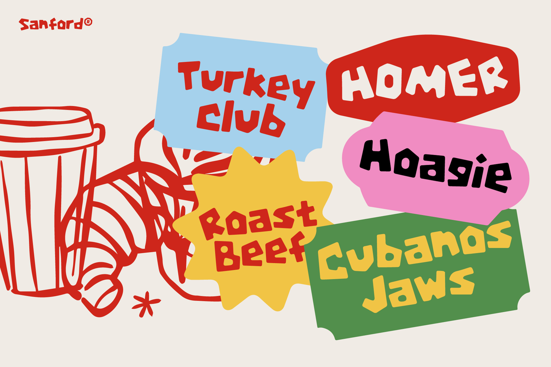 Sanford font with playful labels for Turkey Club, Homer, Hoogie, Roast Beef, Cubanos Jaws