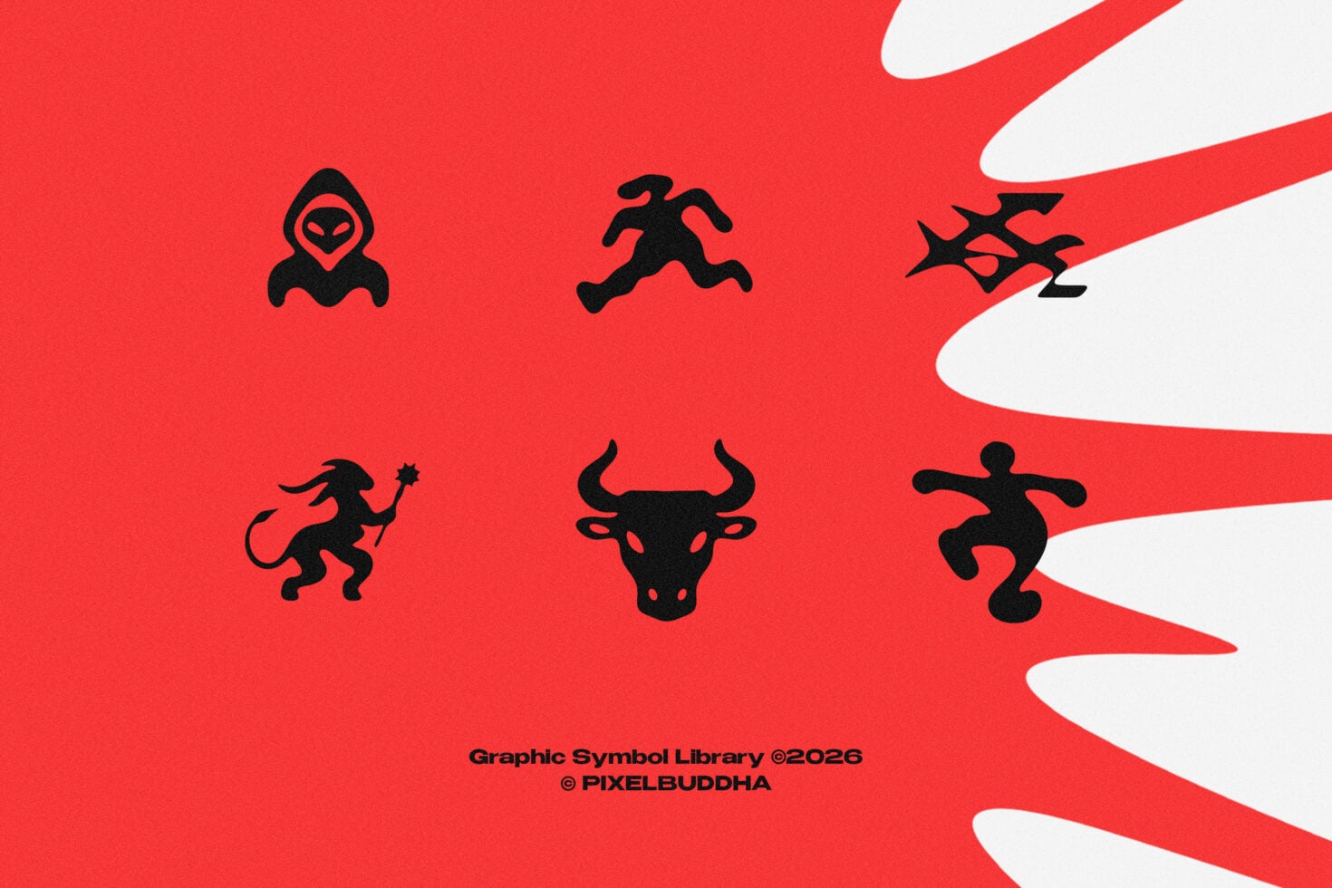 Six black silhouette icons on red background: alien, runner, explosion, demon, bull, skateboarder
