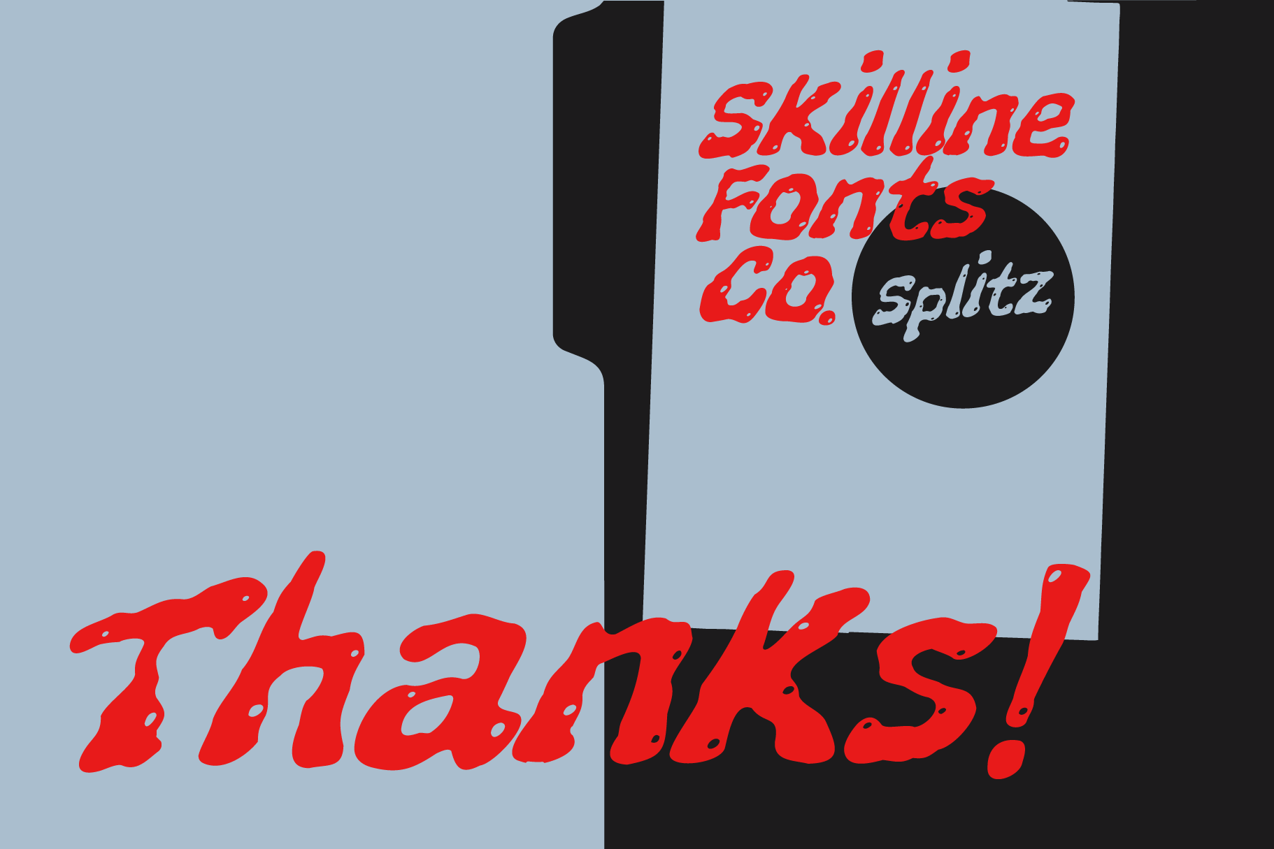 Skillline Fonts Co. Splitz font package cover with red italic lettering on light blue background
