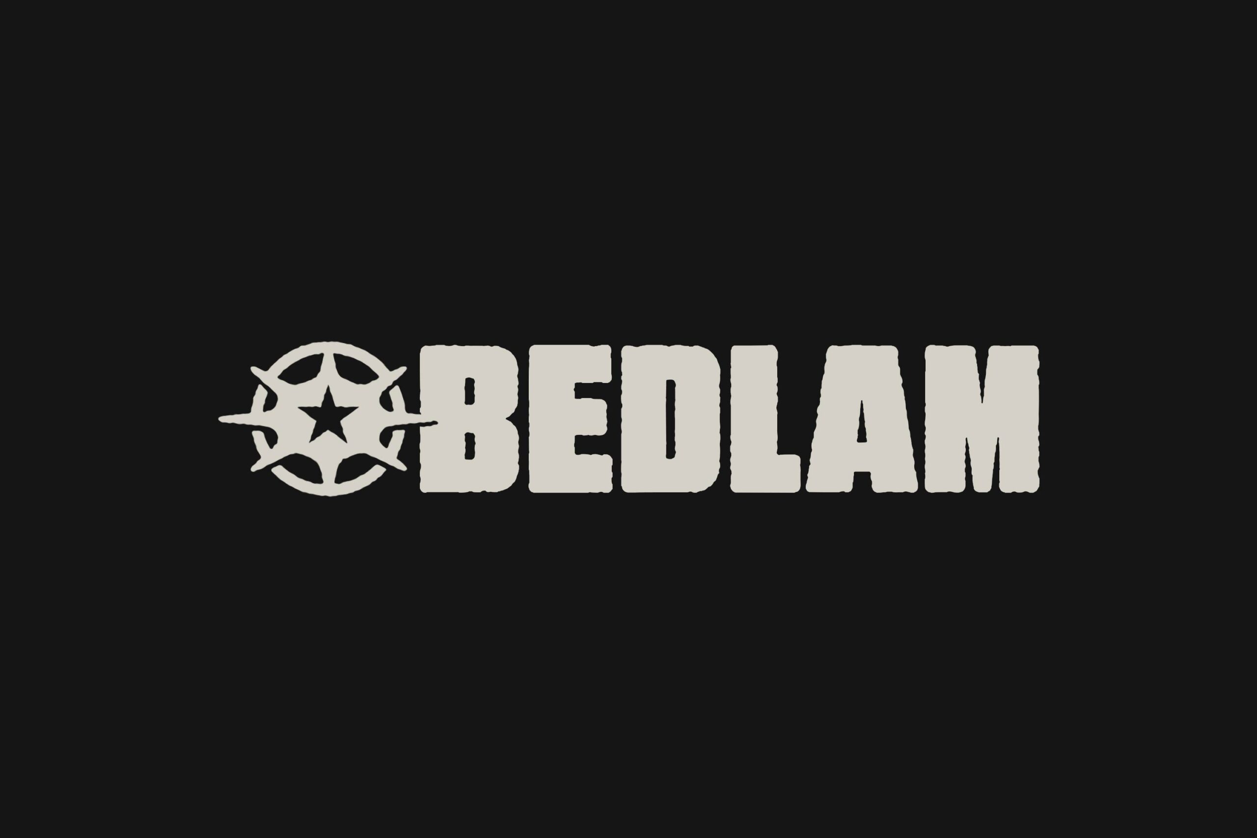 Bedlam logo with spiked circular badge in cream on black background