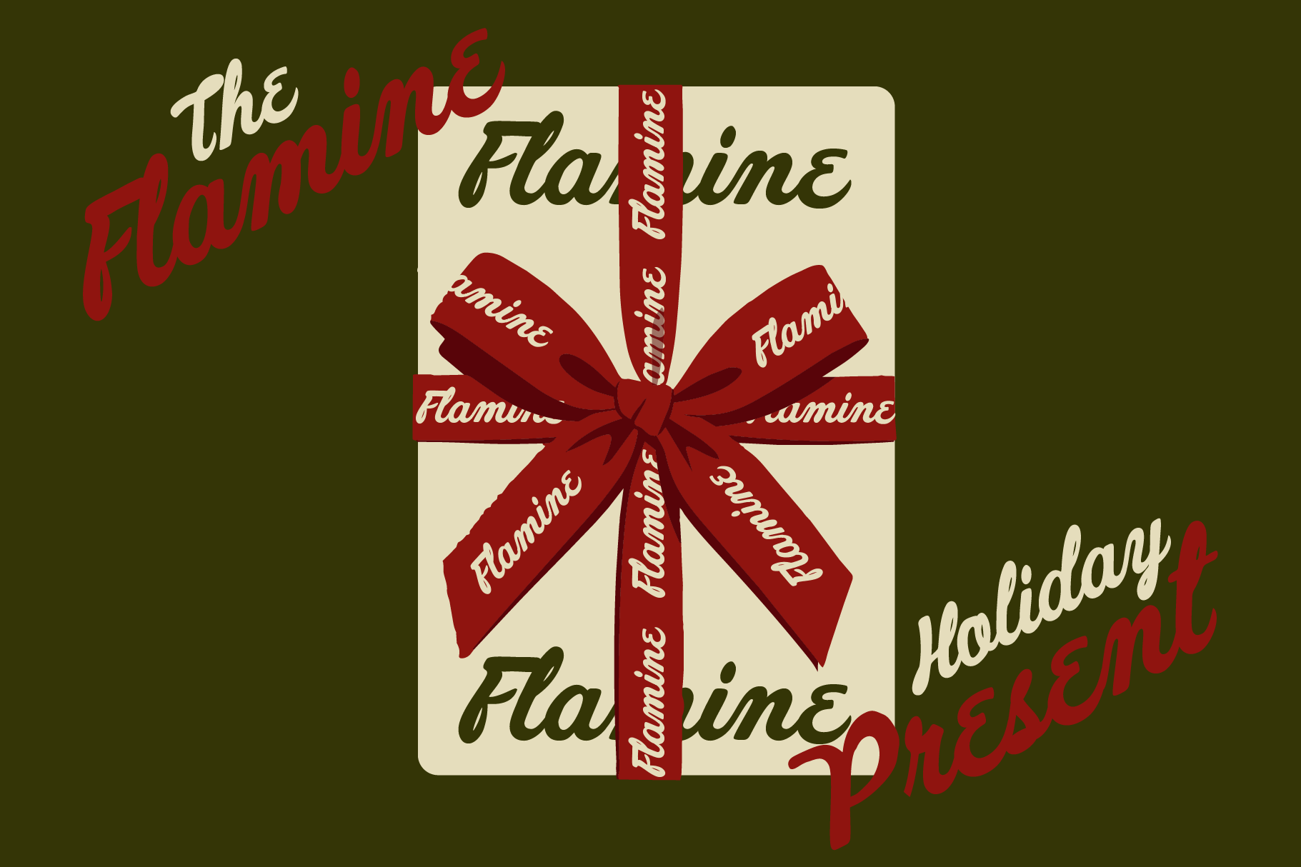 Vintage-style gift box with red bow on cream background, holiday flaminie branding repeating across package