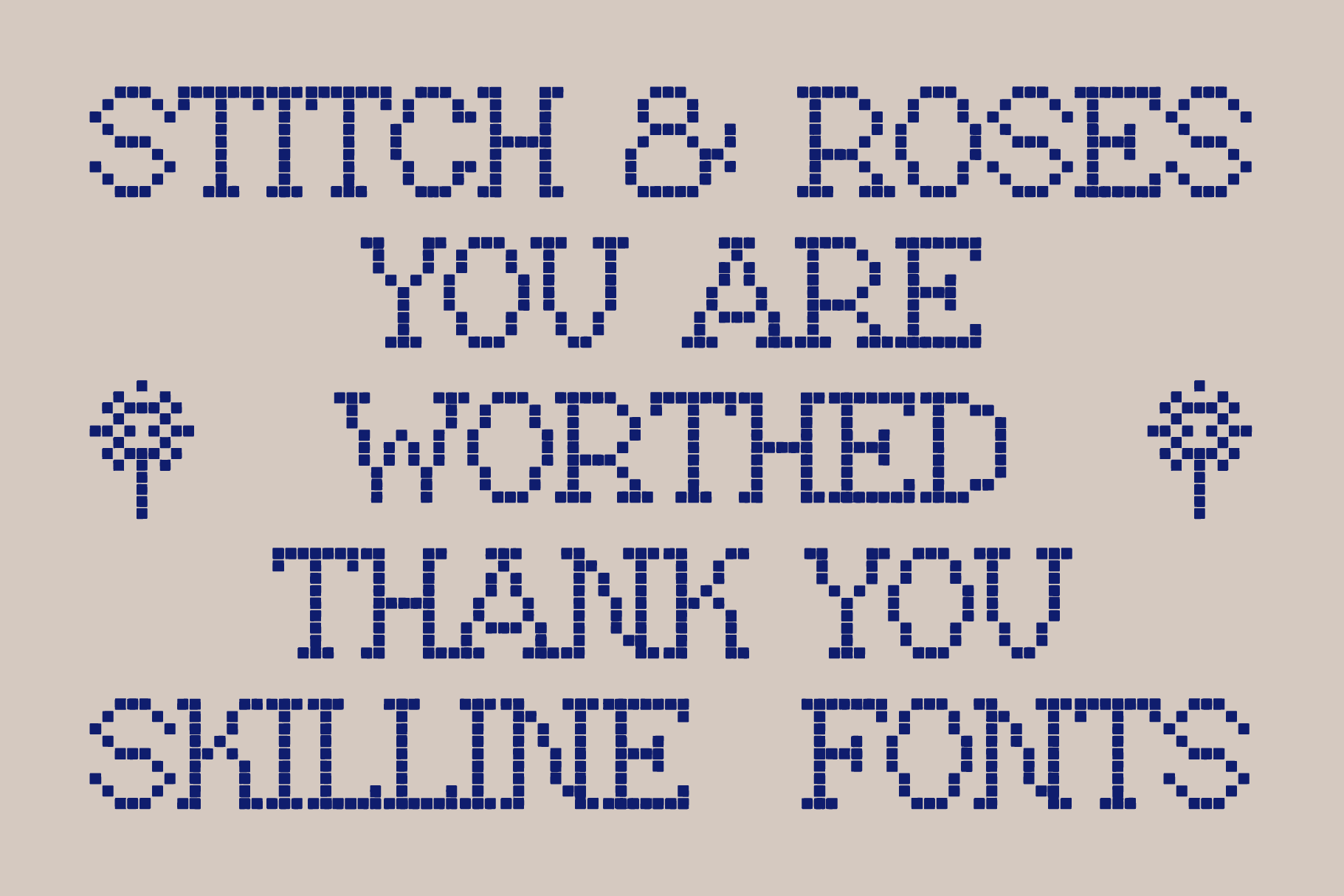 Pixelated retro font with chunky blue squares on beige background, giving that 8-bit computer vibe
