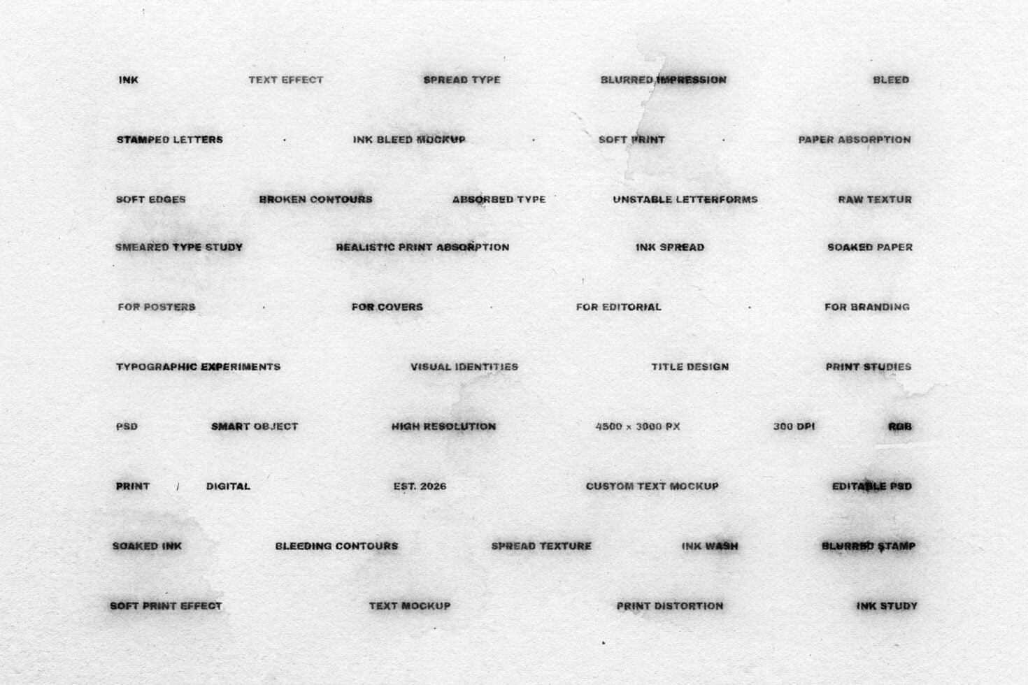 Comprehensive ink print texture mockup sheet showing stamped letters, bleed effects, spread types, soft edges, absorption studies