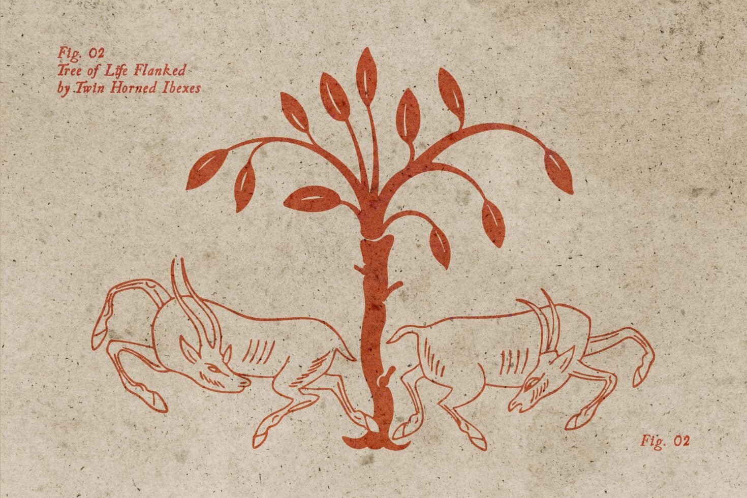 Vintage botanical illustration with two ibexes flanking a stylized tree with red leaves on textured paper