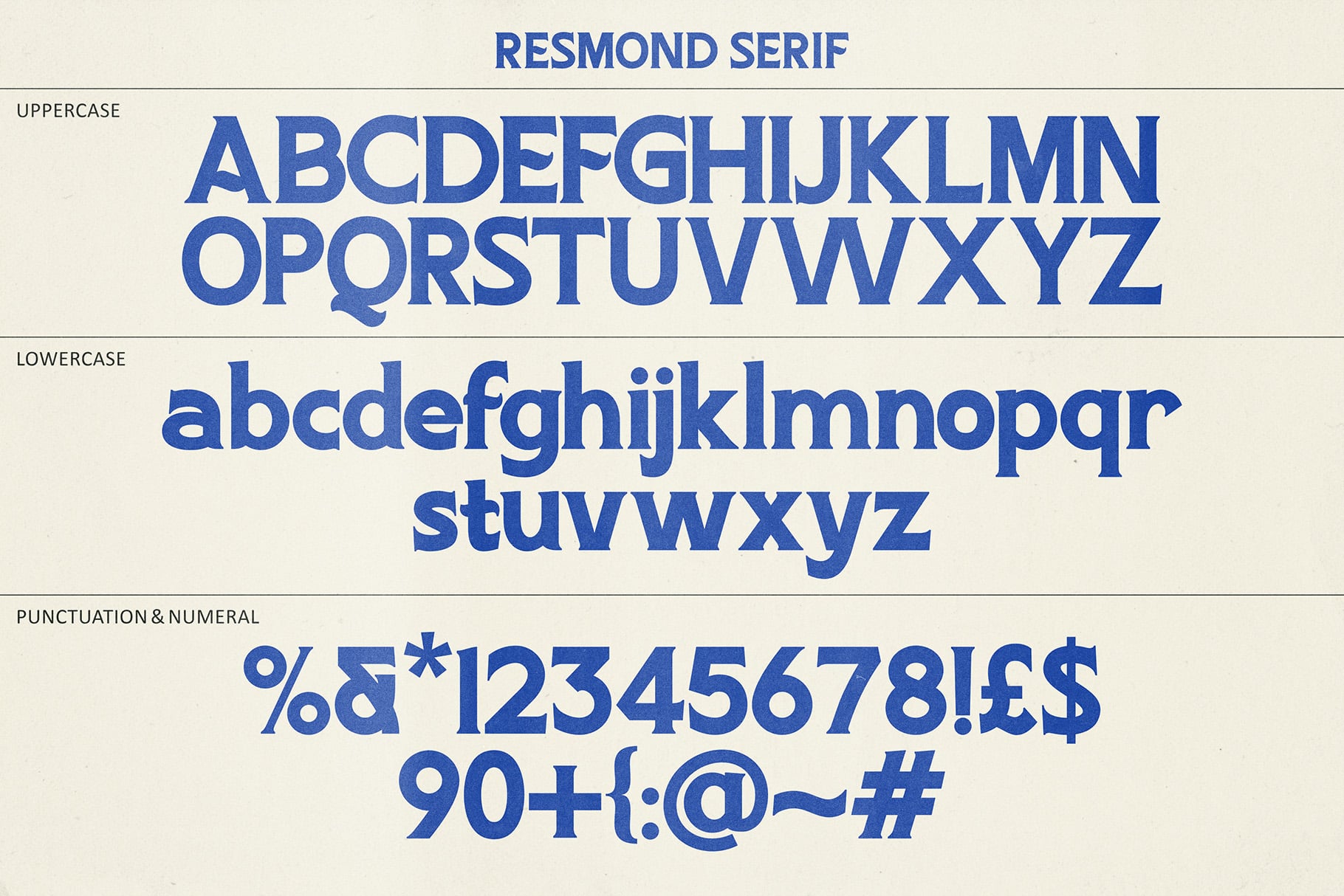 Resmond Serif font showing uppercase, lowercase, numbers, punctuation in bold blue on cream background