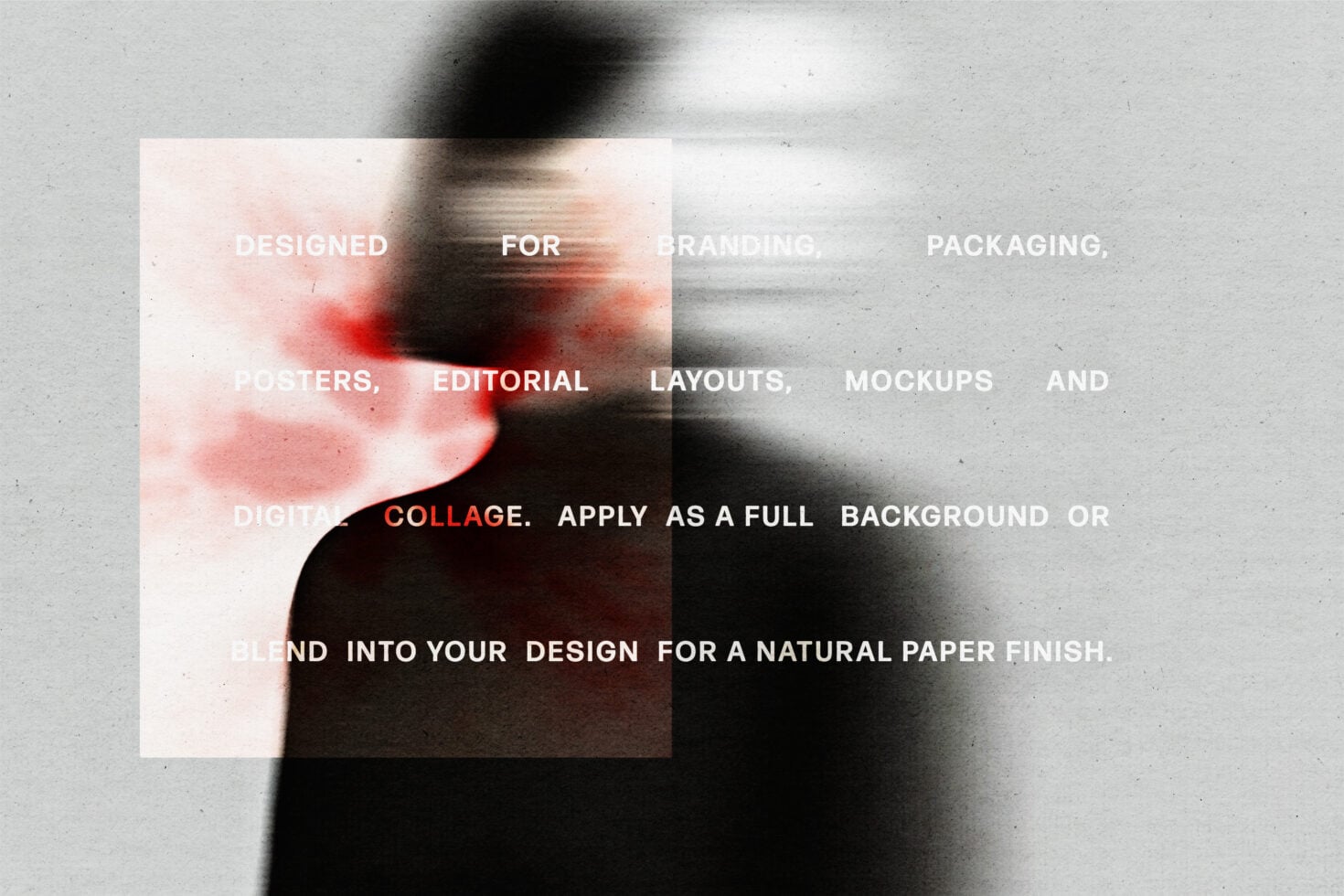 Blurred red black organic shapes with white text overlay on concrete background texture