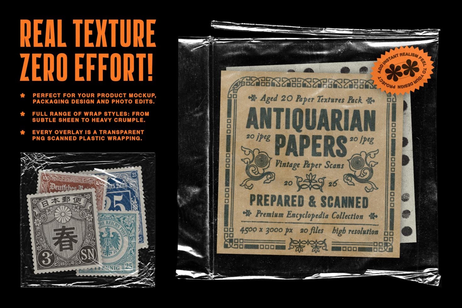 Antiquarian Papers texture pack in plastic wrap showing aged vintage paper scans with ornate borders