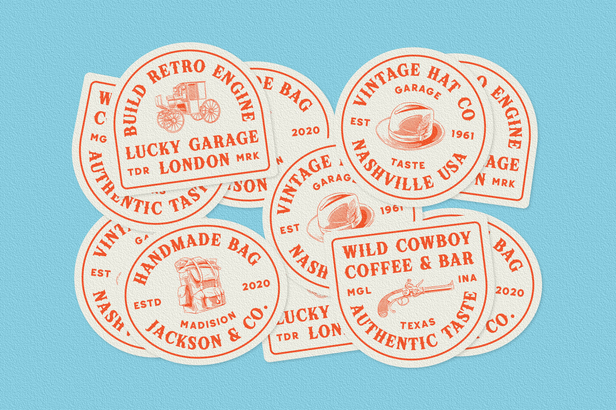 Vintage-style sticker collection with retro garage, hat shop, coffee bar logos on bright blue